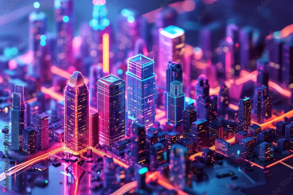 Poster a city with a lot of buildings and lights, design an isometric 3d model of a tech-forward smart city