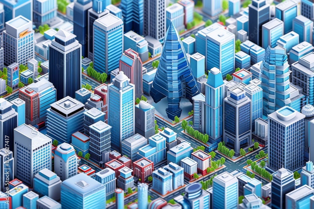 Poster a city with a lot of buildings and lights, design an isometric 3d model of a tech-forward smart city