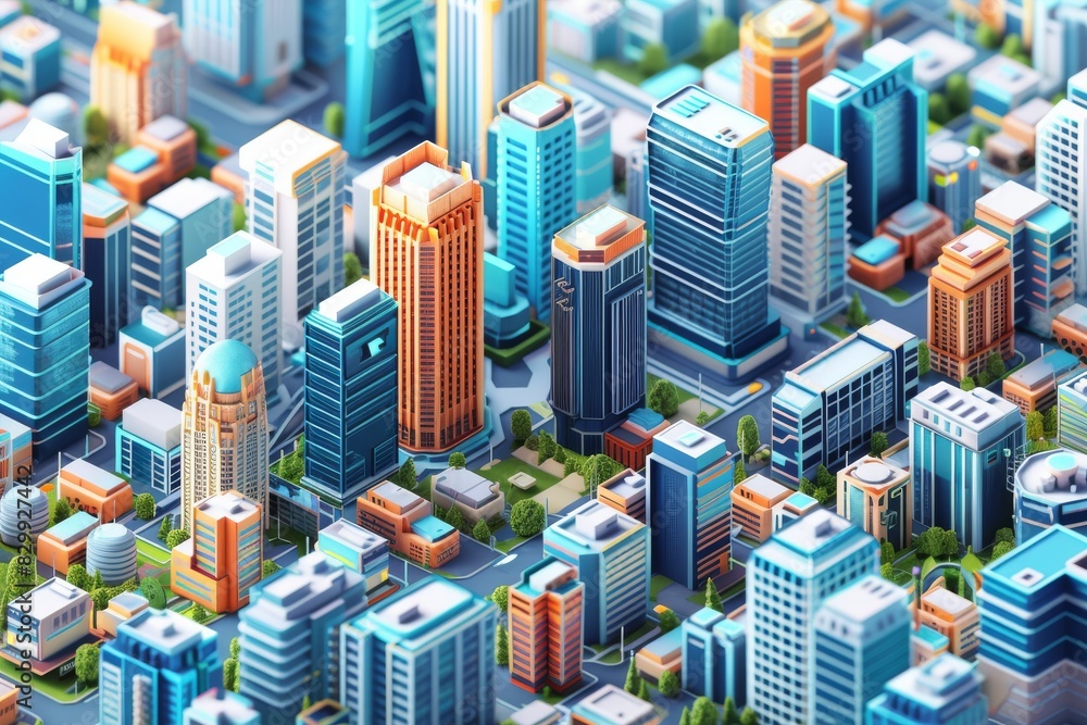 Poster a city with a lot of buildings and lights, design an isometric 3d model of a tech-forward smart city