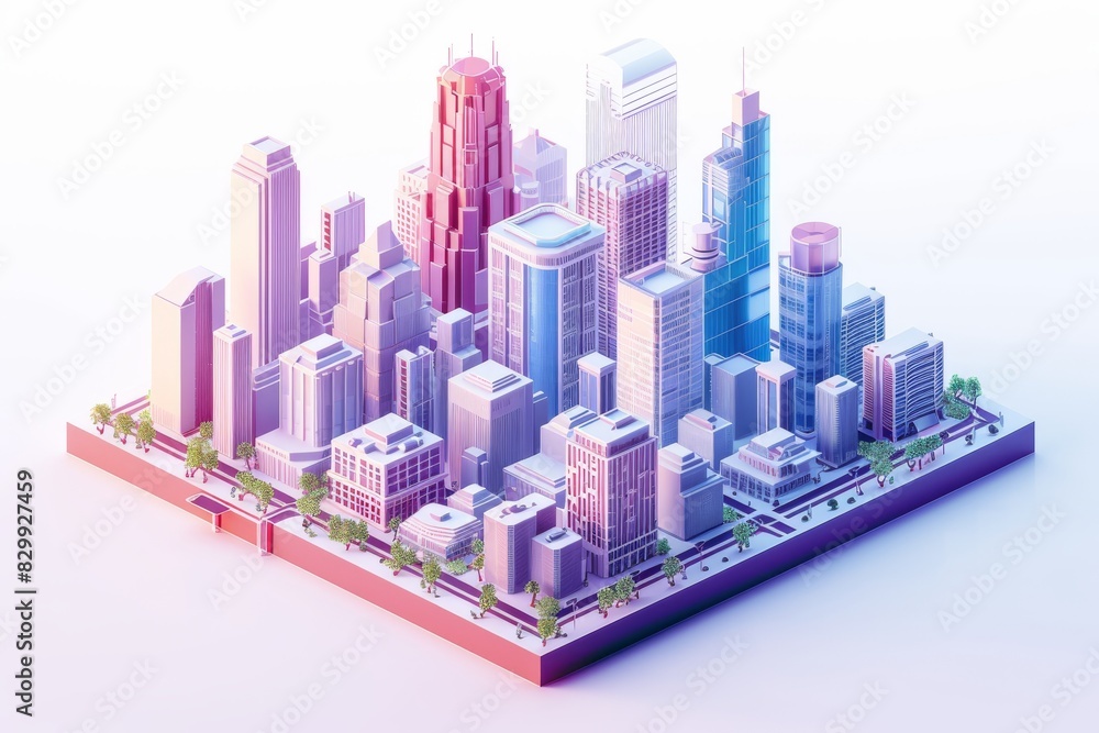 Poster a city with a lot of buildings and lights, design an isometric 3d model of a tech-forward smart city