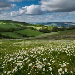 Obraz premium Beautiful spring and summer natural landscape with blooming field of daisies in grass in the hilly countryside.