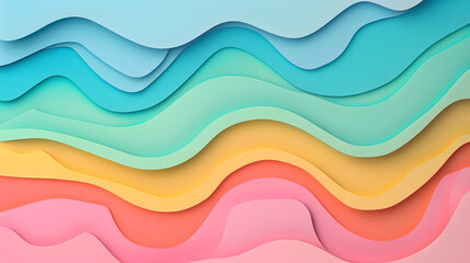 Cover or flyer template with abstract paper cut blue green pink yellow background. Vector template in carving art style. Generative AI.