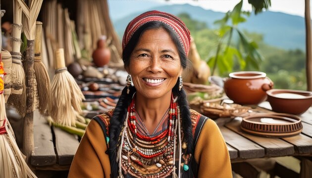Um retrato de uma mulher ind&iacute;gena sorridente, vestindo roupas tradicionais