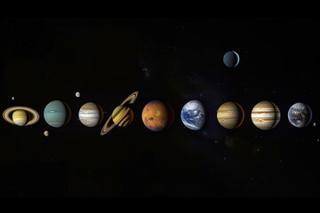 Generative ai on theme of parade of planets in solar system, bright stars glow in atmosphere