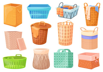 Cartoon laundry baskets. Plastic round basket or empty hamper dirty cloths, square container box home storage heap clothing for washing, things hampers set neat vector illustration