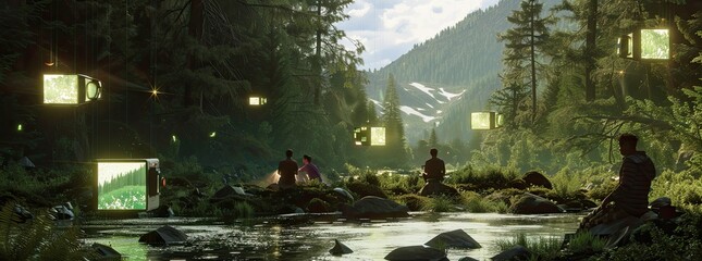 Visualize a scene where campers interact with floating digital displays in the wilderness