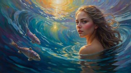 A mesmerizingly otherworldly chromatic selkie, its translucent skin shimmering with an array of colors rarely seen in nature. The main subject is a mythical creature that resembles a seal but with viv