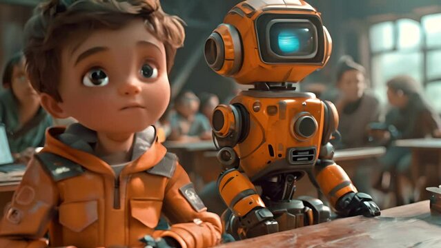A young boy sits at a desk with a robot companion, both gazing at something out of frame. A classroom setting with other figures in the background.