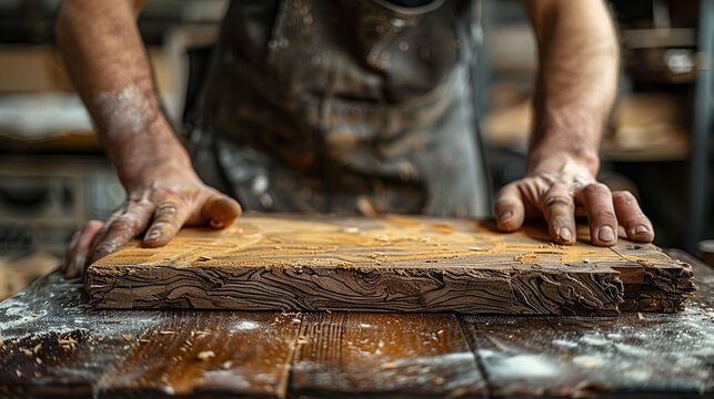 Hands of a carpenter sanding a piece of wood, highlighting craftsmanship and attention to detail in woodworking. Minimal and Simple style