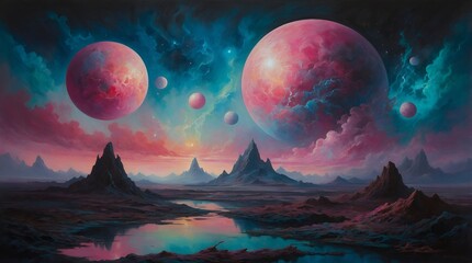 In a mesmerizingly surreal alien landscape, swirling nebulae dance in iridescent hues of pink and teal against a velvety black sky.