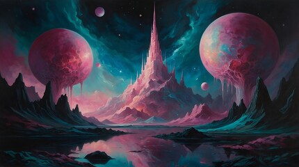 In a mesmerizingly surreal alien landscape, swirling nebulae dance in iridescent hues of pink and teal against a velvety black sky.