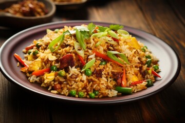 Hearty fried rice on a rustic plate against a painted gypsum board background