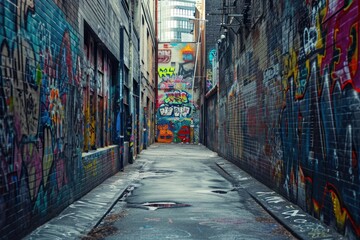 Fototapeta premium a narrow alley with graffiti on the walls, Graffiti-covered walls in an urban alleyway