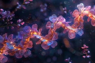 Fototapeta premium A visually captivating image depicting a glowing DNA-like structure amidst delicate flowers with a bokeh background