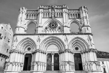 Fototapeta premium Cuenca, Castile-La Mancha, Spain: Medieval cathedral of Cuenca; romanesque and gothic style cathedral in black and white