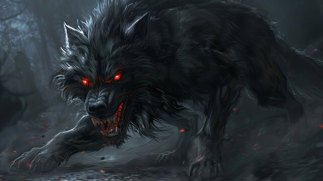 menacing black werewolf with glowing red eyes and sharp fangs folkloric fantasy creature digital art