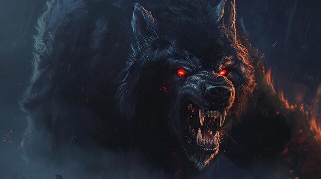 menacing black werewolf with glowing red eyes and sharp fangs folkloric fantasy creature digital art