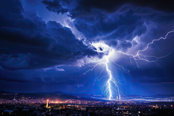 Generative ai on theme of scary bright electric lightning bolt with branches in the night dark sky