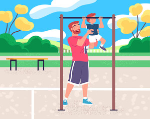 Son on horizontal bar. Dad training child in outdoor gym, father help toddler catch up exercise, parent sport school family workout sporting playground classy vector illustration