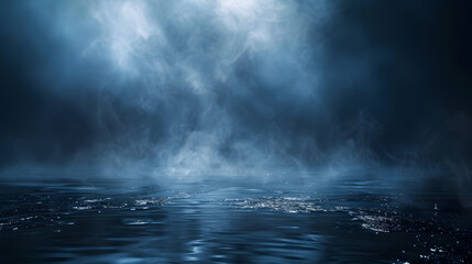 Dark street, wet asphalt, reflections of rays in the water. Abstract dark blue background, smoke, smog background. Generative AI.