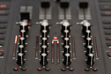 Close Up of DJ Mixer Control Board. A Detailed Look at Essential Equipment.