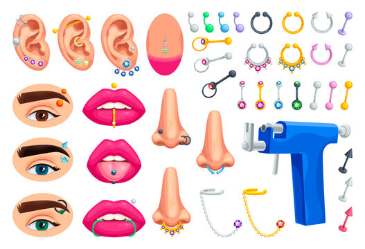 Cartoon piercing. Jewelry metal rings fashion earrings for pierced body parts, pierce spike ear hoop nose tongue face girl lip piercings accessories, ingenious vector illustration