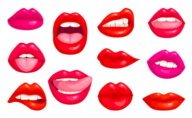 Plump lips. Shine glossy sexy pout lip in red lipstick, smile closed open woman mouth licking tongue, female kiss glamour girl cosmetic makeup cartoon ingenious vector illustration
