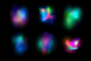 Blurred optical rainbow light flare effect vector set, colorful iridescent glare of prism reflection, spectrum radiance