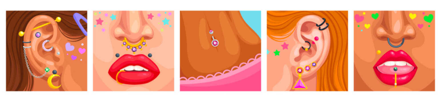 Pierced portraits. Piercings face girl character, beauty modern woman jewelry piercing ring in nose or ears cartoon characters faces close up portrait ingenious vector illustration