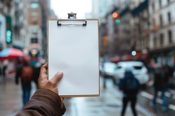 Fototapeta premium A hand holding a blank clipboard in front of a busy city street.