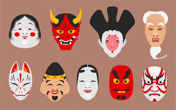 Kabuki masks. Japanese medieval noh theatrical mask demon face, asian traditional cultural japan festival, ancient demons god oni tengu okame hanya, ingenious vector illustration