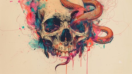 Snakes body wraps around the colorful skull