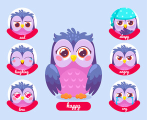 Cartoon owl emoji. Owls characters avatar, owlet cute emoticon or sticker funny school study mascot different expression happy sad sleepy love angry ingenious vector illustration