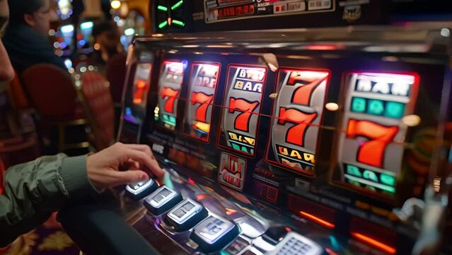 A man plays a slot machine at a casino, hoping for a lucky win. The machine shows three "7" symbols, signifying a jackpot.