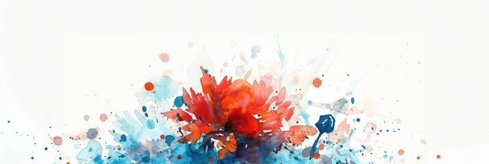 Abstract watercolor painting. Red orange flower in blue shades.