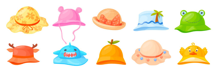 Kids panama. Children summer beach hats, baby spring hat fun design head cap child headwear girl or boy summer head sun clothing cartoon panamas collection neat vector illustration