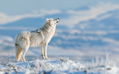 Fototapeta premium Solitary white wolf stands on a snowy hill with a backdrop of mountain ridges