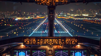 Airplane cockpits are illuminated with runway lights. The pilot controls the plane at night