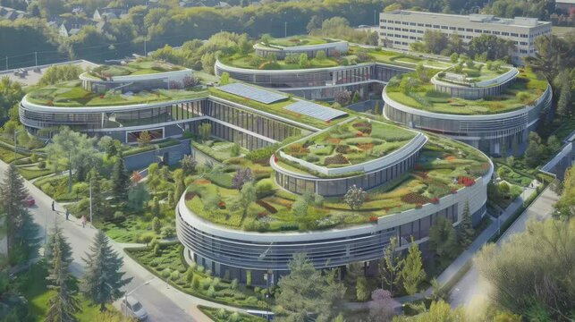Aerial drone view of a hospital campus showcasing sustainable practices such as green roofs and solar panels for energy efficiency. Smooth looping time lapse video animation background