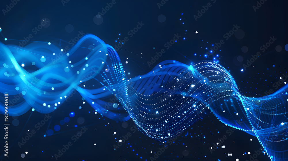 Fototapete digits abstract background with connected line and dots, wave flow. digital neural networks. network