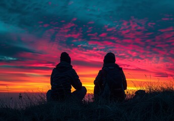 The silhouette of two friends sitting on a hilltop, framed by the vibrant hues of a sunset, captures a tranquil moment of companionship against the expansive sky, emphasizing their close bond.