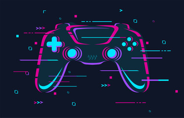 Glitch gamepad. Futuristic glitchy joystick cyber game zone logo gaming tournament poster, casual gamer controller light neon effect, esport action games neat vector illustration © ssstocker