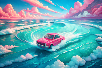 Illustration of a pink car drives through turquoise water. Copy space.