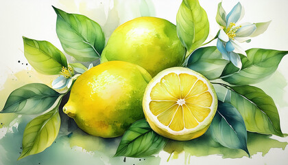 Watercolor painting of fresh lemon. Tasty fruit. Natural and healthy food. Hand drawn botanical art.