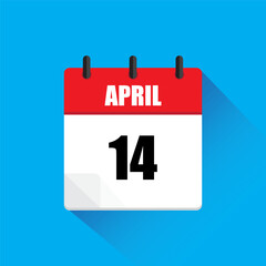 April calendar icon. Date fourteen. Red and white. Vector design.