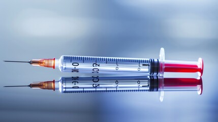 Syringe and a digital thermometer, on a reflective surface, capturing the modern medical tools