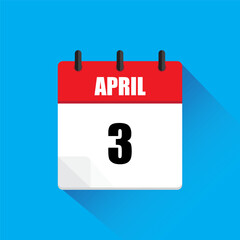April calendar icon. Date three. Red and white. Vector design.