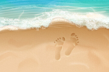 Realistic beach footprint. Family foot print in sea shore sand, dad son mom feet tracks mark on coastline, summer season travel holiday vacation concept exact vector illustration