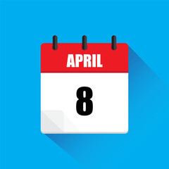 April eighth calendar. Red white vector. Blue background icon. Long shadow illustration.