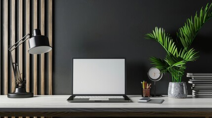 minimalist modern office interior with blank laptop screen lamp and potted plant comfortable workplace mockup